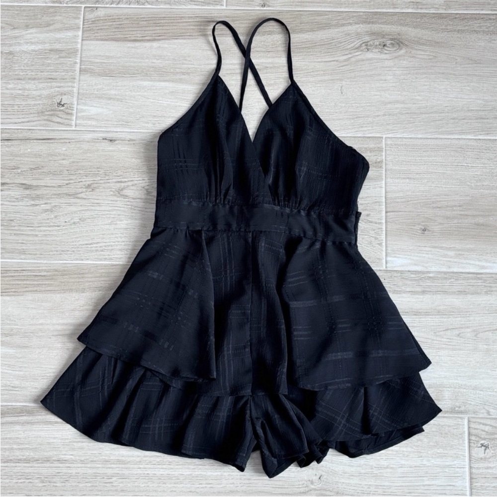 Pink Lily Black Tiered Strappy Romper